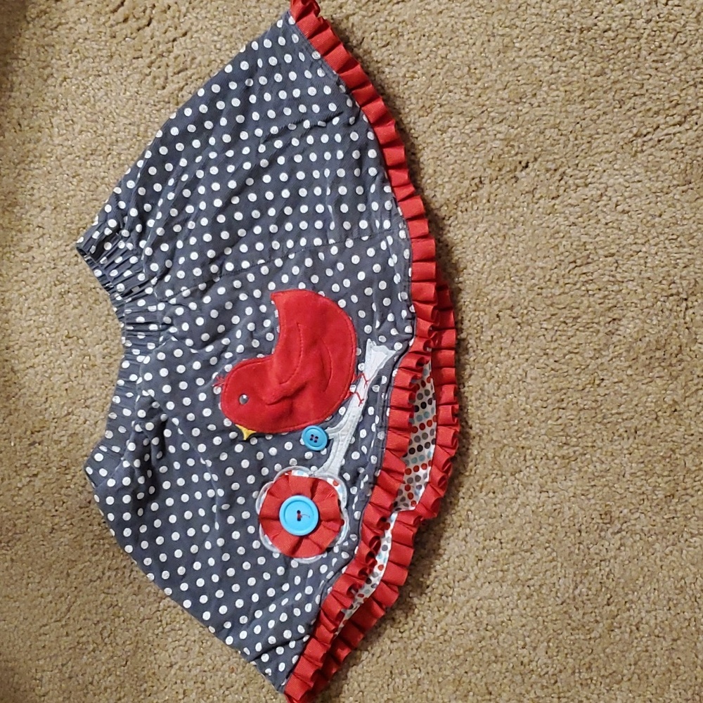Gray and white polka-dotted applique bird skirt 4T